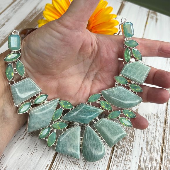 Awesome Amazonite Opalite Statement Necklace Handmade Large Gemstone 925 Silver - Picture 3 of 16